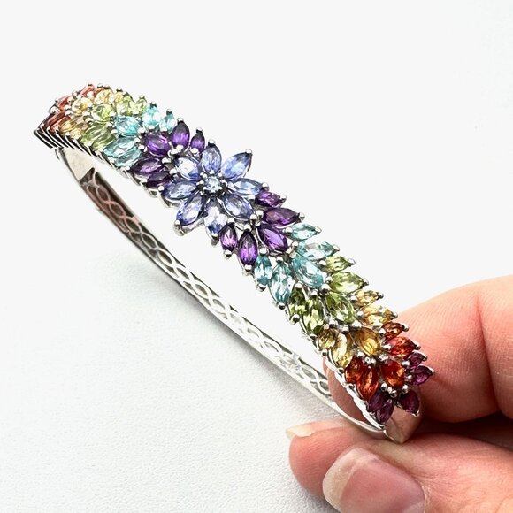 D Joy Sterling Silver Multi Gemstone Hinged Bangle Bracelet 21 Grams 7.25 Inch - Picture 4 of 4